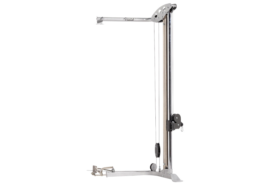 Hoist single cable column machine with silver metal frame, pulley system, and black adjustment lever on white background