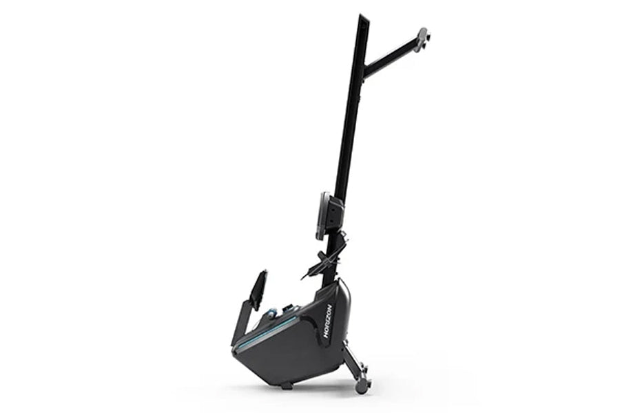 Black Horizon Oxford 6 rowing machine with vertical post, seat, footrest, and handlebar on white background