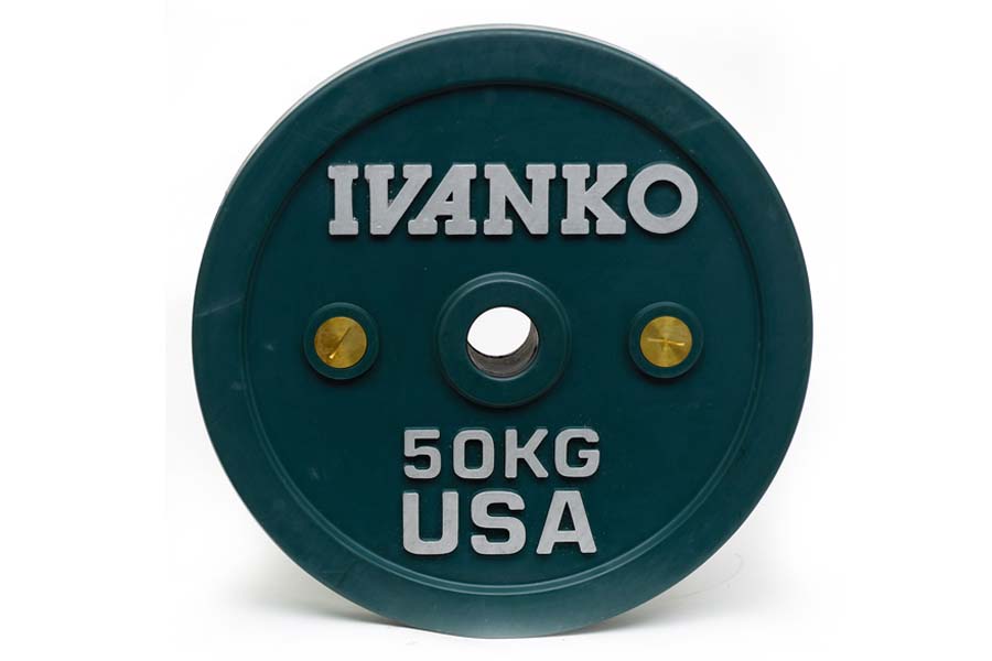 Ivanko 50kg teal rubber bumper plate with silver text and gold valve accents, viewed front-on against white background