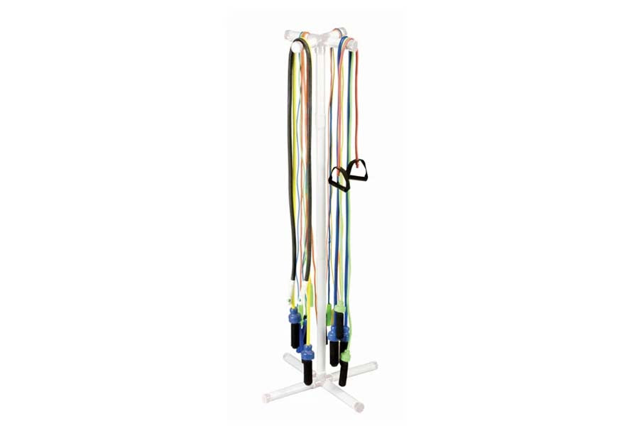 Warrior Jump Rope Storage Tree with two jump ropes featuring white, blue, yellow, and black cords on white background