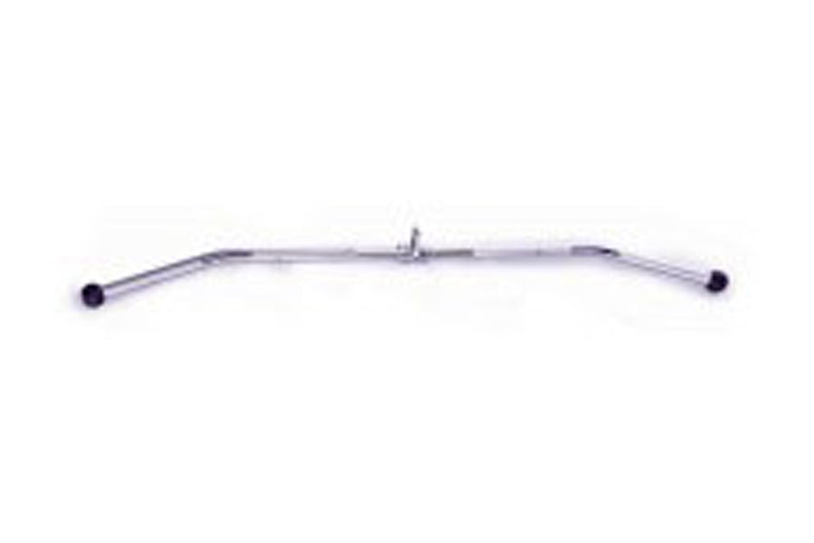 Revolving solid 60-inch lat bar with chrome finish and black rotating end caps on white background