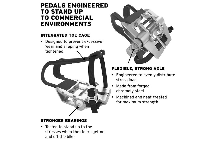 Commercial-grade indoor cycle pedals with integrated toe cage, flexible chromoly steel axle, and reinforced bearings, shown w