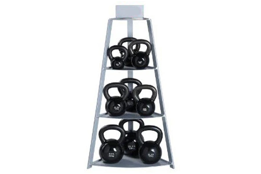 Gray metal kettlebell rack with three shelves holding six black kettlebells of varying weights, displayed on white background