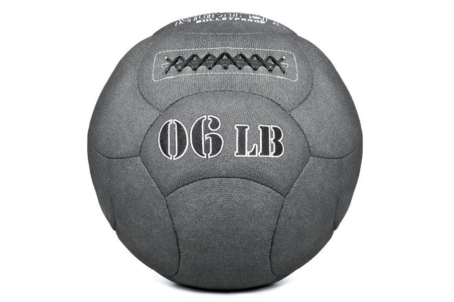 Charcoal gray 6-pound slam ball with textured surface, white "06 LB" text, and black X-stitch detail on white background