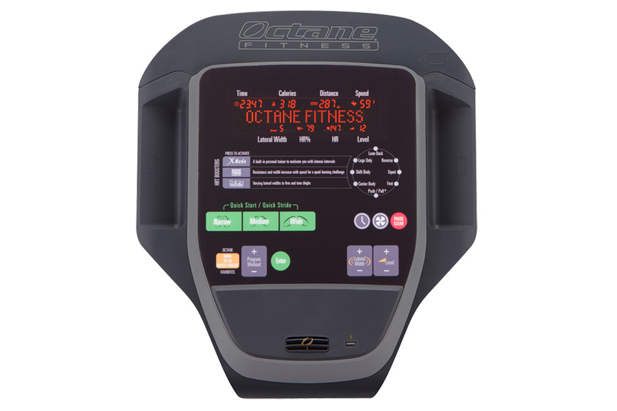 Octane Fitness LateralX elliptical machine console with digital display showing time, calories, distance, and speed metrics o