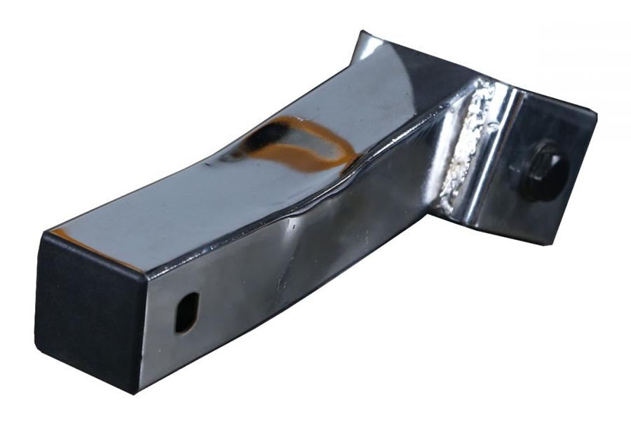 Black metal bench connector with brown leather pad and silver hinge attachment on white background