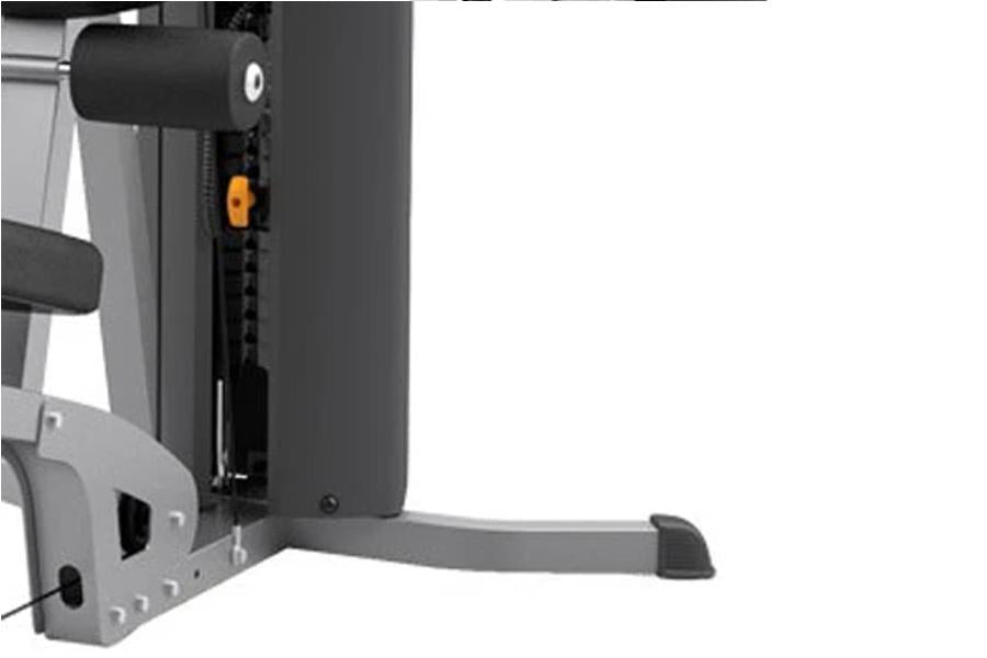 Life Fitness G2 home gym with black and gray frame, adjustable weight stack with orange selector pin, and gray footplate on w