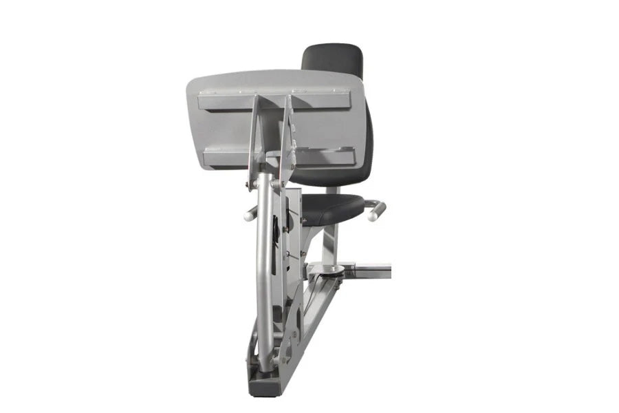 Life Fitness leg press attachment with gray metal frame, black padded seat and footplate, shown on white background