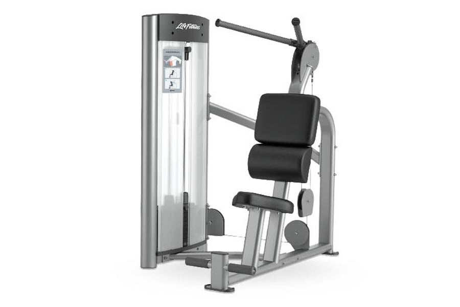 Life Fitness Optima Series silver and black commercial gym machine with padded seat, backrest, and leg extension attachment o