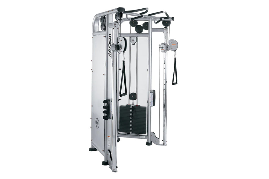 Life Fitness Signature Series dual adjustable pulley machine with silver frame and black weight stack on white background