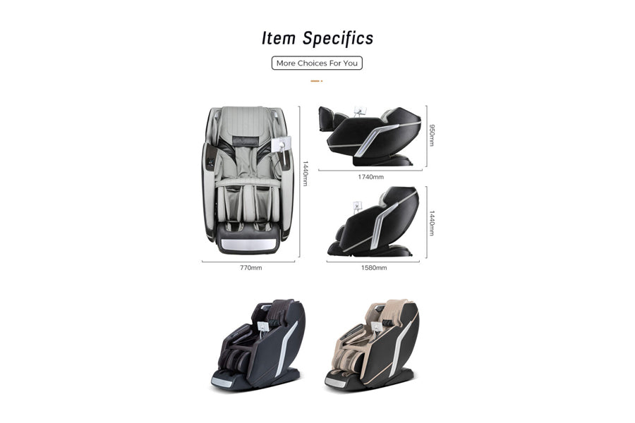 Lifesmart Nova 4D zero gravity massage chair in gray and black with multiple angle views showing dimensions and recline posit