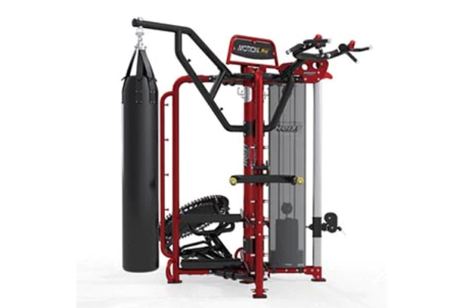 Red and black multi-station gym equipment with punching bag, cable stations, and leg press, on white background