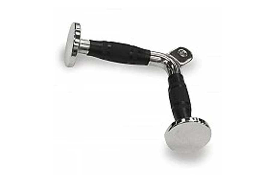 Stainless steel and black rubber lat pulldown bar attachment with dual handles, flat lay on white background