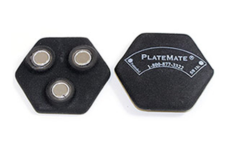 Warrior Magnetic Hex Add-on Plate in black with three silver snap buttons and PlateMate branding label, flat lay on white bac