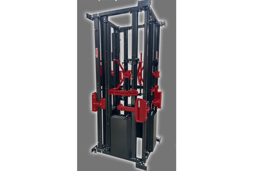 Marpo Magrack home gym functional training system with black frame and red mechanical components on gray background