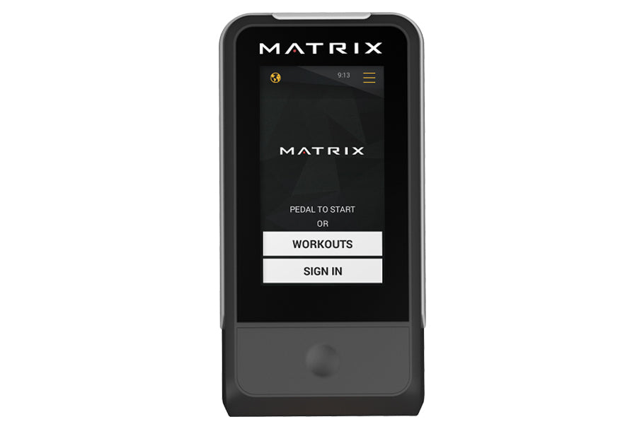 Matrix CXP indoor training cycle console display showing start screen with workout and sign in options