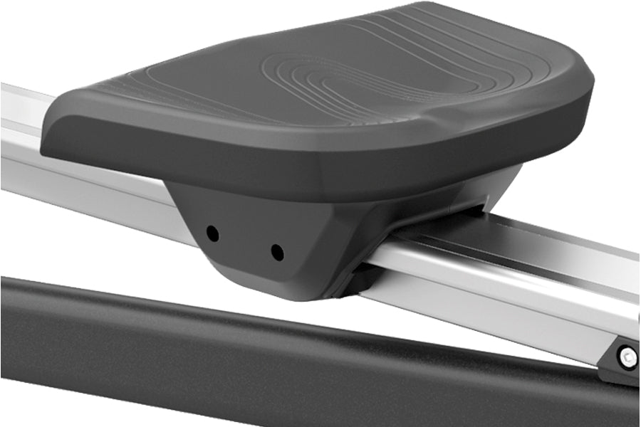 Black padded seat with textured surface mounted on white aluminum rail of rowing machine