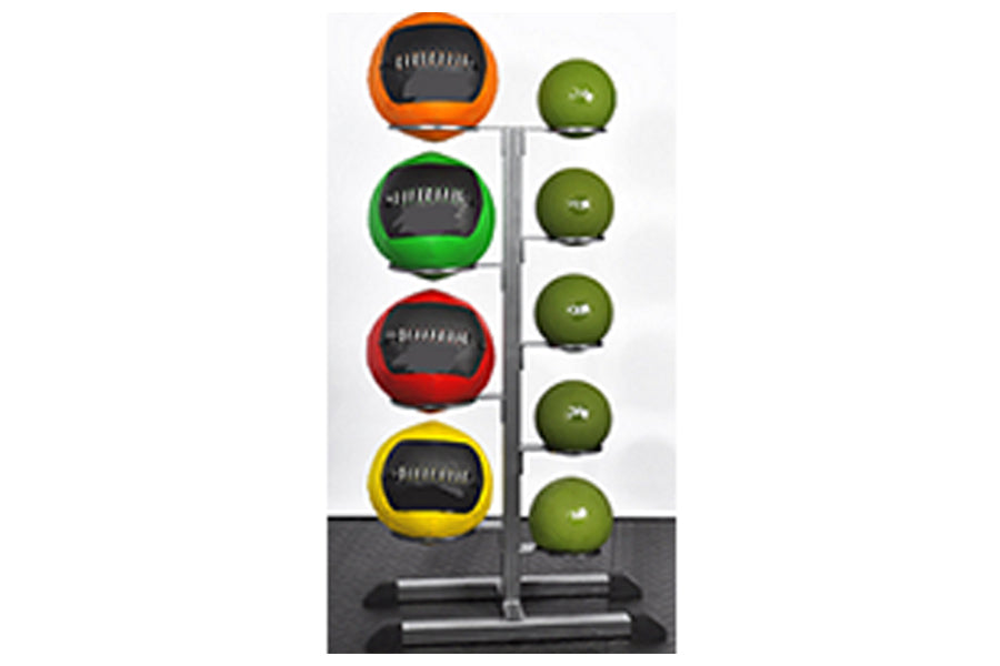 Warrior medicine ball rack with nine balls in orange, green, red, and yellow displayed on metal stand, flat lay view