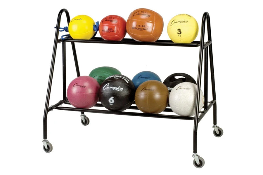Black metal storage cart with two shelves holding colorful medicine balls in various weights and sizes on white background