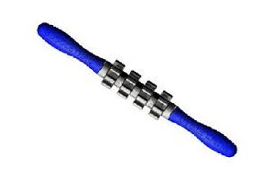 Blue and black muscle roller with textured handles and metal massage wheels in center, on white background