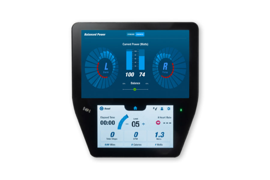 NuStep UE8PRO upper body ergometer with dual touchscreen displays showing balanced power metrics, current wattage, and workou