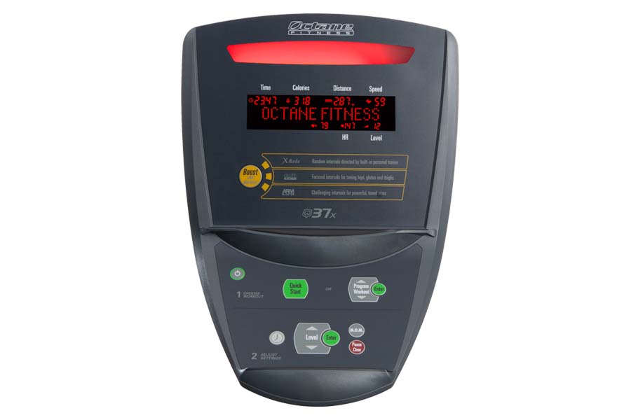 Octane Q37x elliptical machine with dark gray frame, red accent stripe, and digital display showing workout metrics on white