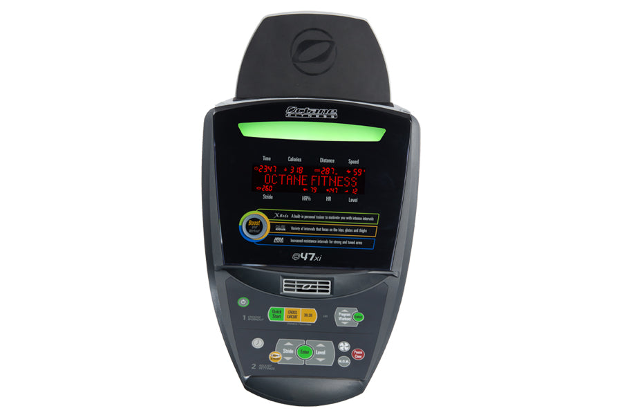 Black Octane Q47xi elliptical machine console displaying red text fitness metrics and green control buttons on white backgrou