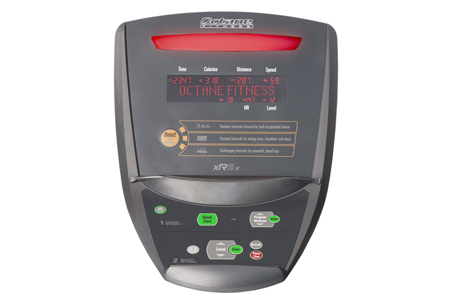 Gray Octane xR6x seated elliptical machine with red display screen showing workout metrics, control buttons, and XRox brandin