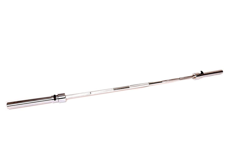 Chrome Olympic barbell with revolving sleeves, rotating collars, and pink end caps on white background