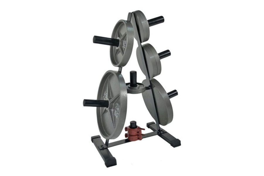 Warrior Olympic Plate Rack with gray weight plates and black handles on white background
