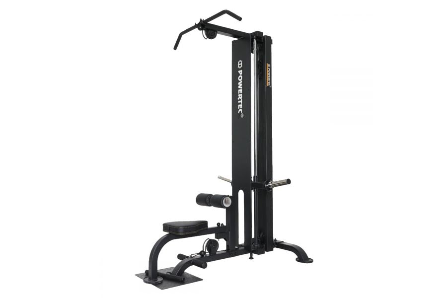 Black Powertec lat pulldown machine with vertical frame, adjustable seat, and overhead pull handles on white background