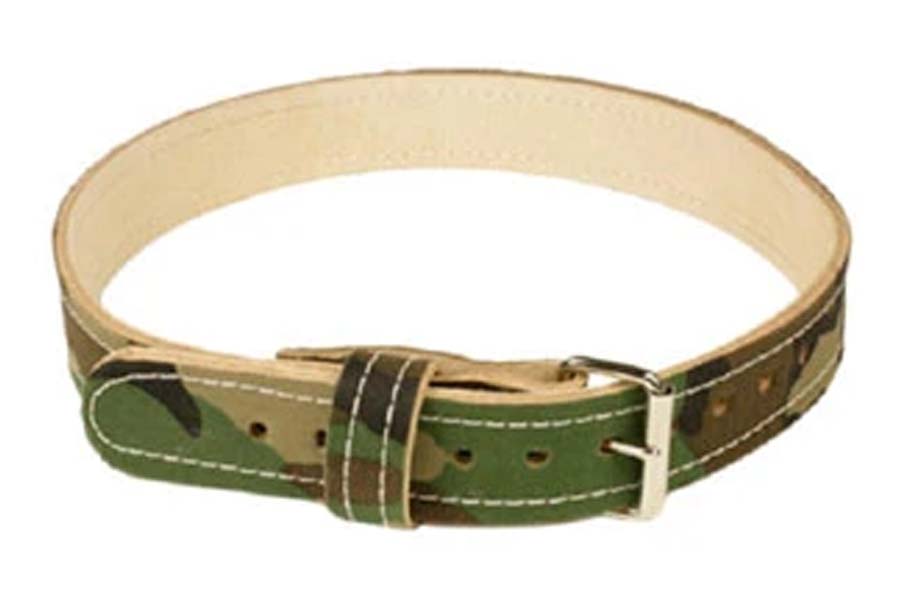 Green camouflage leather work belt with tan suede lining, silver buckle, and contrast stitching on white background