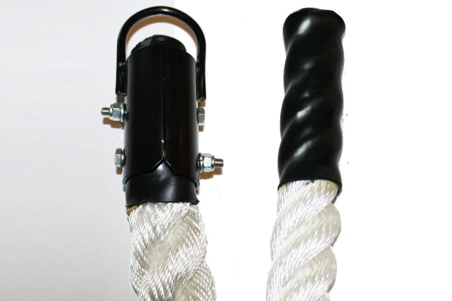 Black metal clamp with tan handle attached to white twisted poly rope, shown from two angles on white background