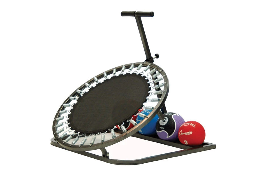 Warrior Premium Medicine Ball Rebounder with black bungee surface, gray metal frame, T-bar handle, and three exercise balls o