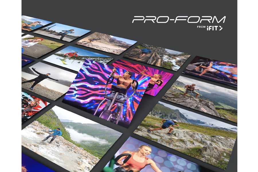 Collection of framed photos and vibrant digital displays showing outdoor adventures and fitness activities, arranged on dark