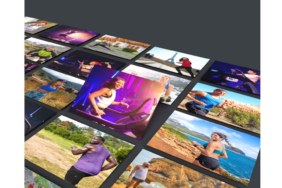 ProForm Trainer 12.0 Treadmill iFIT content collage showing diverse on-demand workout classes and outdoor running sessions around the world