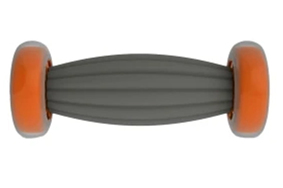 Warrior Rejuvenation Foot Therapy Massage Roller with gray barrel and orange wheels on white background