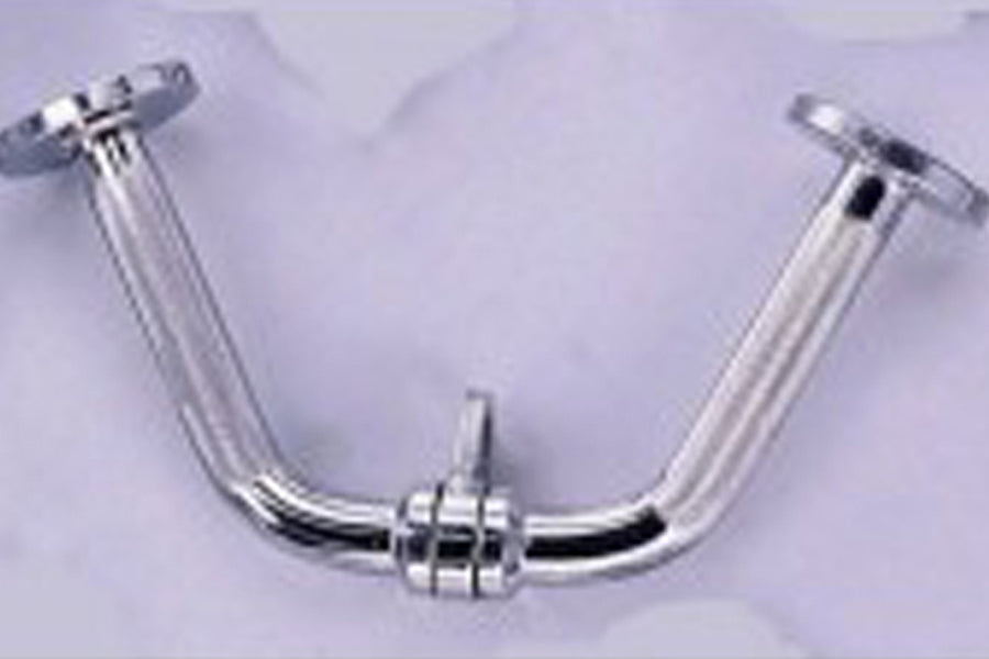 Polished chrome tricep press down bar with revolving center and dual vertical grips on purple background