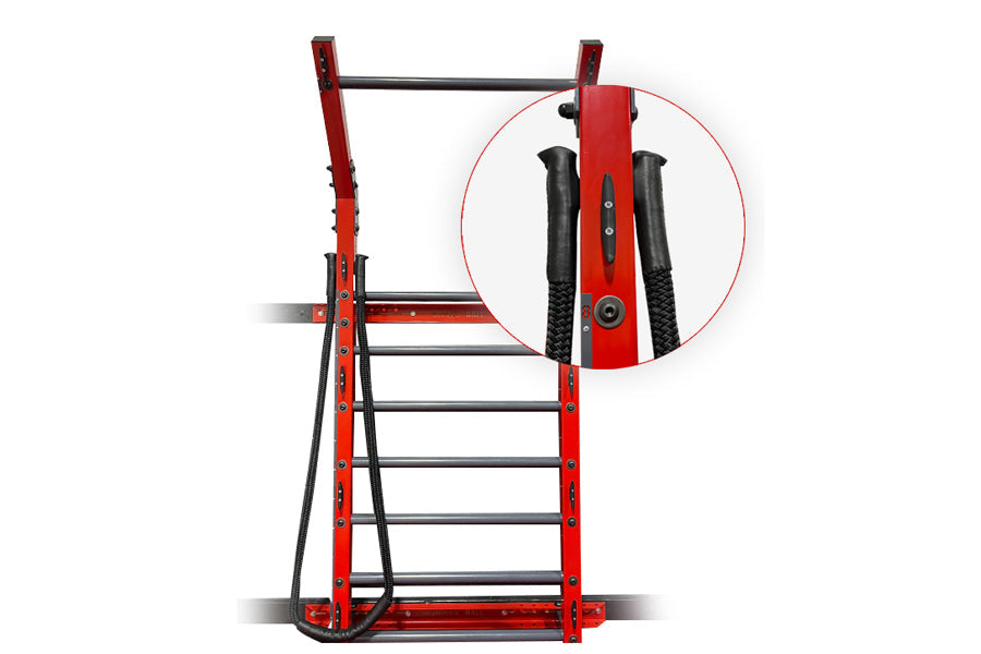 Red and black heavy jump rope station with leather grips, adjustable frame, and detail closeup showing black grip handles