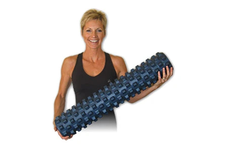 Black racerback sports tank top worn by model holding blue textured foam massage roller