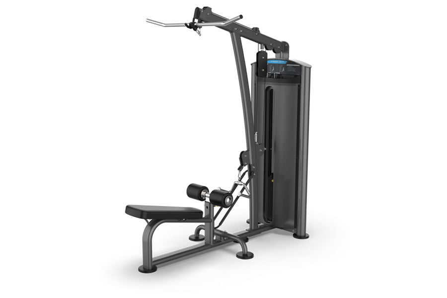 Black steel lat and row exercise machine with tall vertical tower, blue accent panel, padded seat, and dual handles on white
