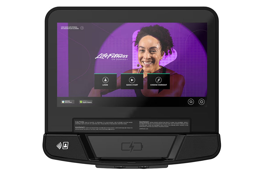 Life Fitness lower body arc trainer elliptical with black frame and touchscreen display showing purple interface with workout