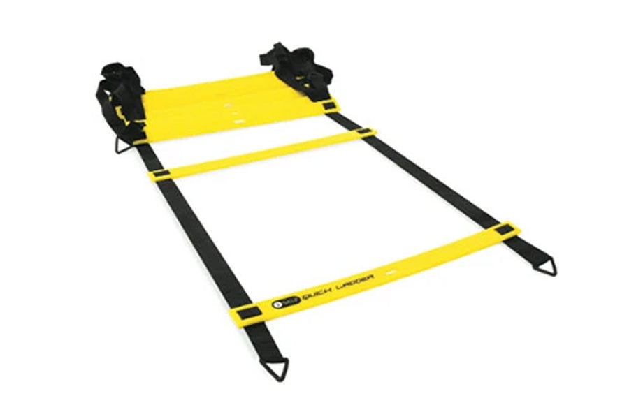 Yellow and black agility ladder with 8 rungs, adjustable straps, and anchor stakes on white background