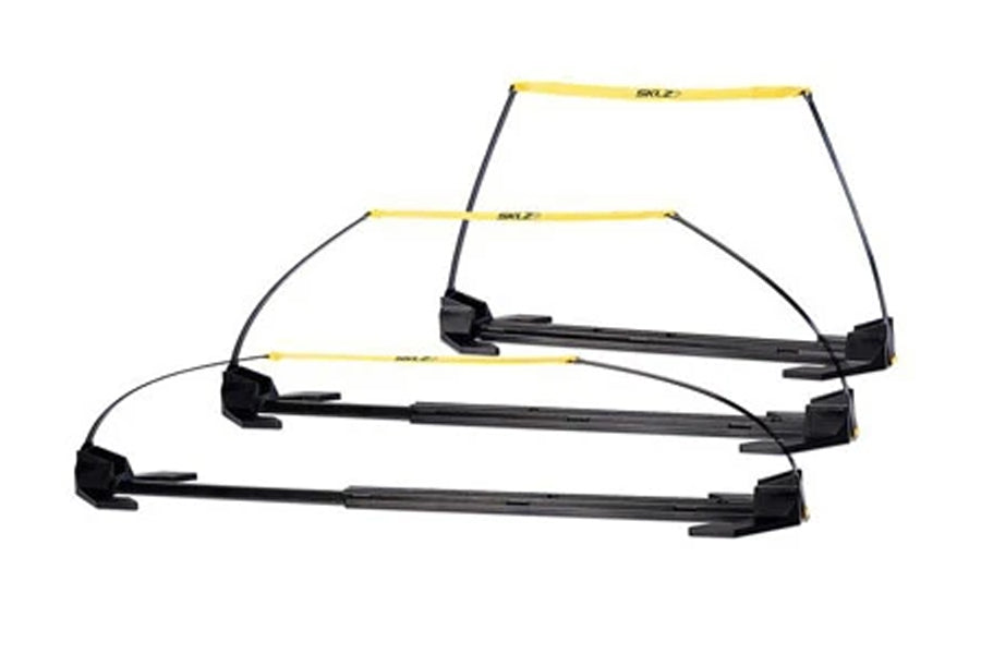 Three black SKLZ Speed Hurdle Pro training hurdles with yellow top rails, displayed in graduated heights on white background