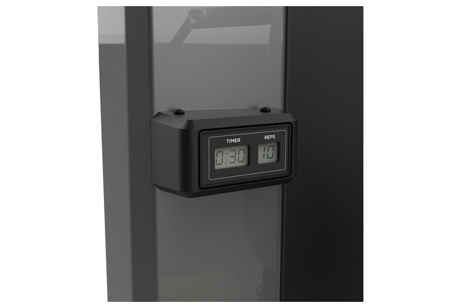 Black digital timer and rep counter display mounted on gray rack frame