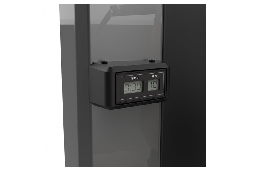 Black digital timer and rep counter display mounted on TRUE SPL-1700 Glute Press machine frame