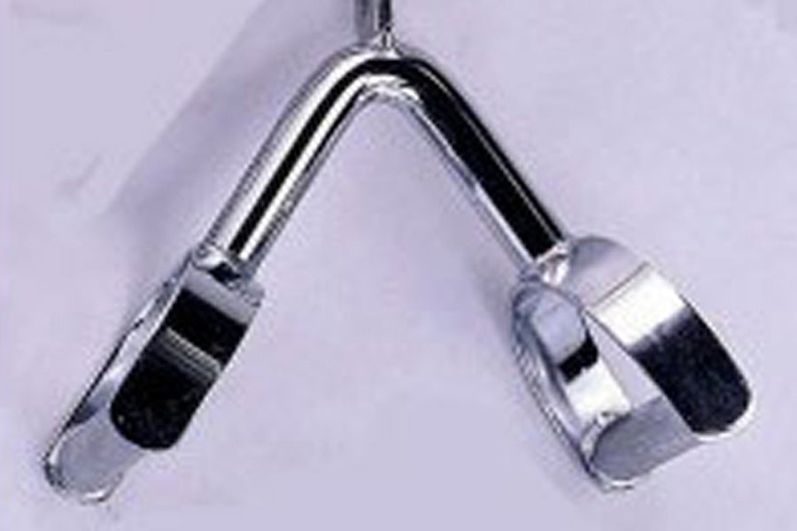 Warrior Solid Dual Purpose Bar with chrome finish and black grip sections, hanging on white background