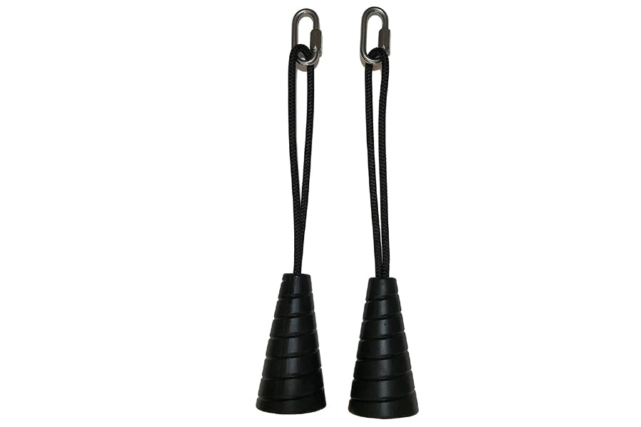 Pair of black cone-shaped grip trainers with textured rubber surfaces and attached black cord loops on white background