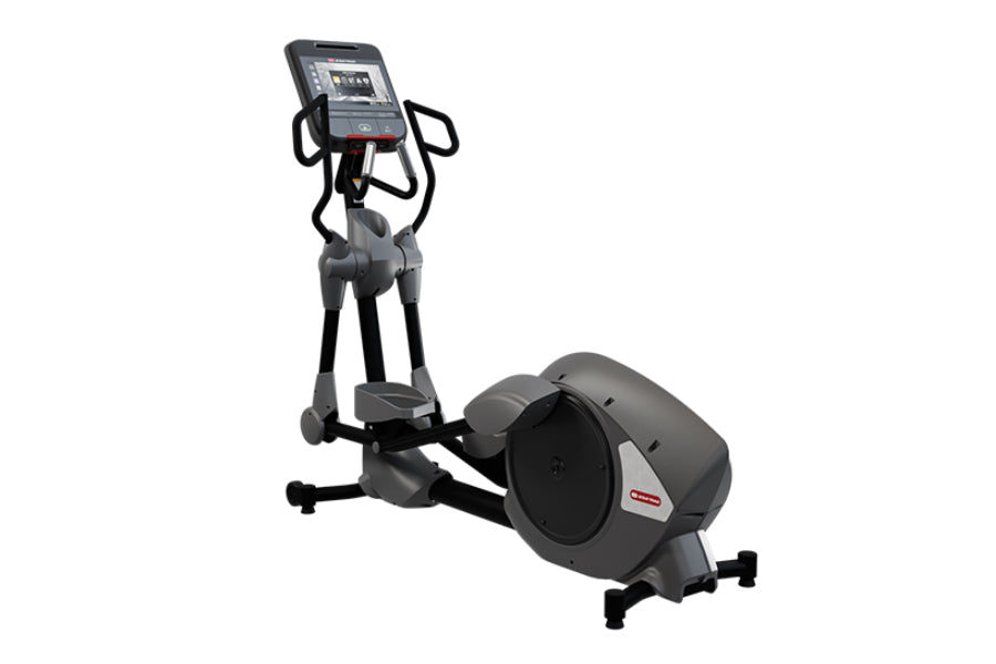 Star Trac 8RDE rear drive elliptical with gray and black frame, digital console display, and foot pedals on white background