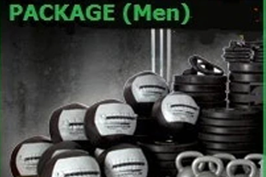 Warrior Starter Cross Training package for men with weight plates, dumbbells, and barbells arranged on dark background